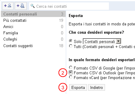 Esportazione dei contatti da Gmail - Passo 2