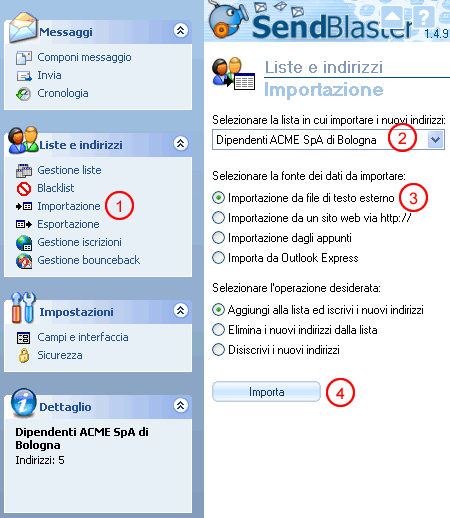 Schermata Importazione dati di SendBlaster