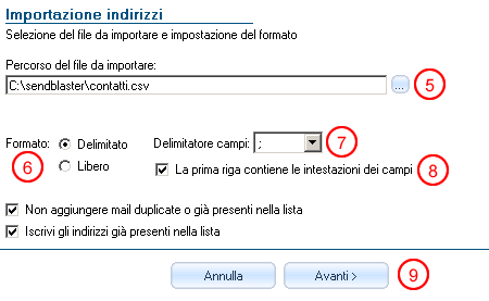 Selezione del file CSV da importare in SendBlaster