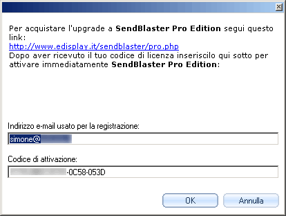 Schermata per l’inserimento del codice di attivazione versione Pro